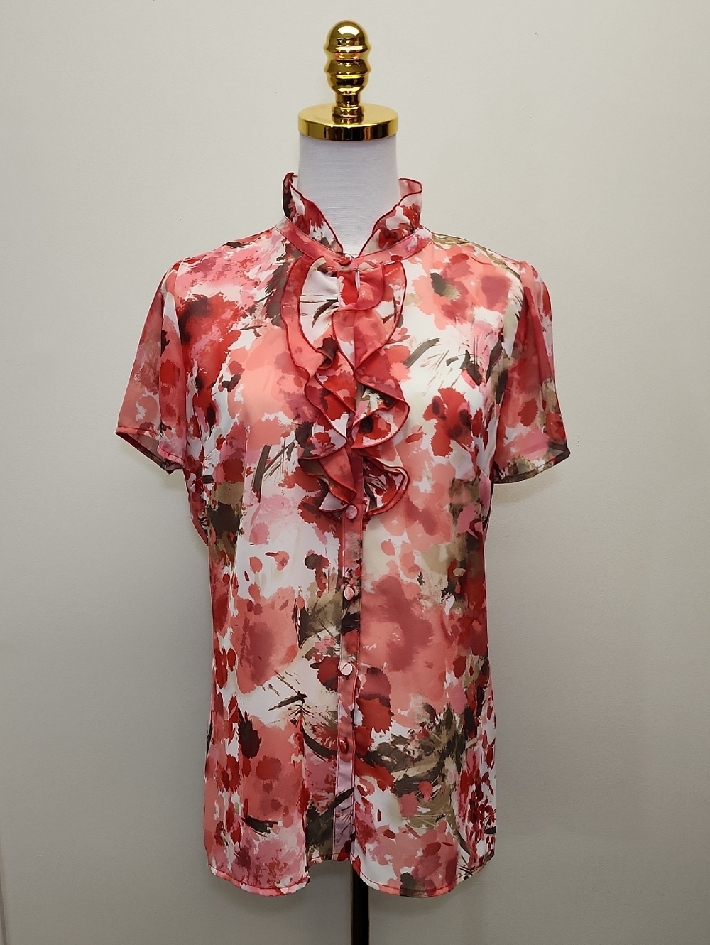 East 5th Sheer Floral Ruffle Front Blouse Pink Red Button Top Medium